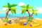 Illustration For Children: Sand Beach Hammock between Palm Trees.