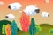 Illustration for Children: Sheep Cloud Float above the Colorful Trees.