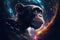 Illustration of Chimpanzee Monkey in Galaxy Universe with Space Nebula Background. Esoteric and Wild Animal Concept