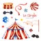 Illustration with circus tent,candy,balls,garland,moustaches,ribbon,flag banner