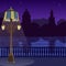 Illustration of city skyline at nigh: quay, fence and lamppost