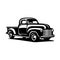Illustration of classic retro style pickup truck. Isolated on white. Monochrome illustration