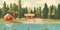 Illustration of a classic summer camp on the banks of a river or lake with wooden houses and a beach in the forest background.