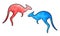 Illustration of a colored drawing of red and blue kangaroo silhouettes jumping on a white isolated background