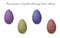 Illustration of colored eggs collection isolated on white background, purple, yellow-gold, blue, red.