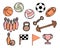 illustration, colored set of sports equipment, balls, flags, skittles