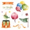 Illustration with colorful air ballons,bird,flag,candy,ribbon banner and more