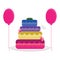 Illustration of colorful beautiful four-tier cake with a pattern, illustration for birthday, holidays, anniversary