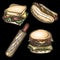 Illustration of colorful burger, french hotdog, classic hotdog and sandwich isolated on black background.