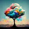 Illustration of a colorful dreamlike tree with copy space, cloud in rainbow colors, abstract landscape, optimism concept