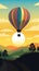 Illustration of colorful hot air balloon ascending into the sky at sunrise.