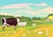 Illustration of a Colorful and idyllic countryside with Two Grazing Cows, and Blue Sky With clouds