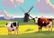 Illustration of a Colorful and idyllic countryside with Two Grazing Cows, Windmill, and Blue Sky With clouds