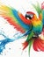 Illustration of a colorful parrot flying up in paint splashes. A majestic, tropical, exotic bird spreading wide wings