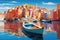 Illustration of the colorful village of Rovinj in Croatia, Colorful seashore city landscape view with beautiful dinghy boats