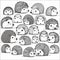 Illustration for coloring children many cute hedgehogs. Black and white different adorable hedgehogs in cartoon style