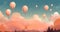 illustration of colourful peach fuzz hot air ballons flying over clouds, generative ai