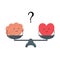 Illustration of the concept of balance between logic and emotion. Cartoon brain and heart with cute faces on a scale