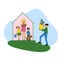Illustration concept of eco friendly family. Mom with children and pets meet Dad in house, Man come with young plant in hands,
