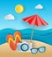 Illustration concept of summer holiday, flipflops on sandy beach, solar umbrella, camera and sea or ocean. Design by