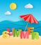 Illustration concept of summer holiday, solar umbrella on sandy beach, sea or ocean and colorful letters by origami