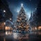 Illustration of a conical Christmas tree with golden baubles in the center of the city at night. Xmas tree as a symbol of