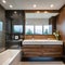 Illustration of a contemporary bathroom with wooden cabinets