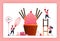 Illustration of cook halal sweet strawberry cupcakes. Pink sugar icing with chocolate cake sticks and candy. Design can use for
