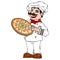 Illustration, cook pizzeria with a pizza in his hand