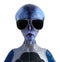 Illustration of a cool looking blue skin female alien looking forward with sunglasses on a white background