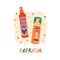 Illustration of cosmetics for curly hair. Curly girl method. Bottle spay and foam for refresh hair. Concept design to