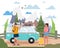 Illustration of a couple ready doing road trip with a minivan. Travel, hiking, tourism, driving, road trip concept