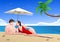 illustration of a couple sunbathing relax on beach vacation