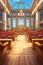 An illustration of a courtroom with wooden benches. Generative AI image.