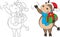 Before and after illustration of a cow, waving and holding a Christmas gift, in color and black and white, for coloring book