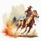 Illustration of a cowboy riding a horse on a dusty road. Generative AI