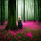 Illustration created by AI generator of a stunning forest with the ground covered with pink flowers