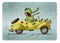 Illustration of a crocodile with cap driving a yellow old car