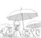 Illustration of crowd of people with rain coats and umbrellas in black and white