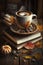 illustration, a cup of tasty coffee, books and autumn decoration on wood, ai generative