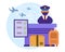 Illustration Customs control, customs officer at the counter, suitcase, document on background of the planet and aircraft