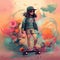 An illustration of a cute Asian girl, riding on a skateboard and wears a hat and sunglasses.