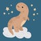 Illustration cute beige baby dinosaur on a cloud on a blue background with stars. Wall art, toddler bedroom decor.