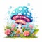 illustration of a cute blue mushroom with pink eyes and flowers on a white background