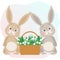 Illustration, cute bunnies and a basket with tender snowdrops, pastel colors. Children\\\'s spring card, print