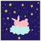 Illustration with cute bunny on the cloud catching stars