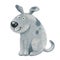 Illustration of a cute cartoon funny gray dog sitting and looking at the camera. Comic smiling dog with spots