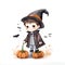 Illustration of cute cartoon halloween wizard boy costume with pumpkins , bat isolated on white background. Cute cartoon boy