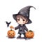 Illustration of cute cartoon halloween wizard boy costume with pumpkins , bat isolated on white background. Cute cartoon boy