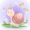 Illustration of cute cartoon snail flowers and butterflies